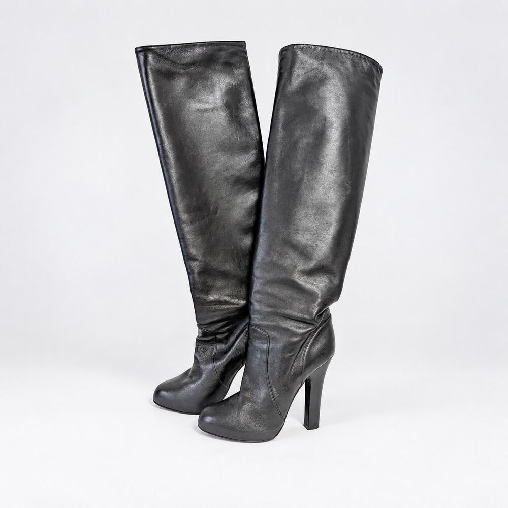 Dolce & Gabbana Black Leather Knee-High Heeled Boots EU 37.5